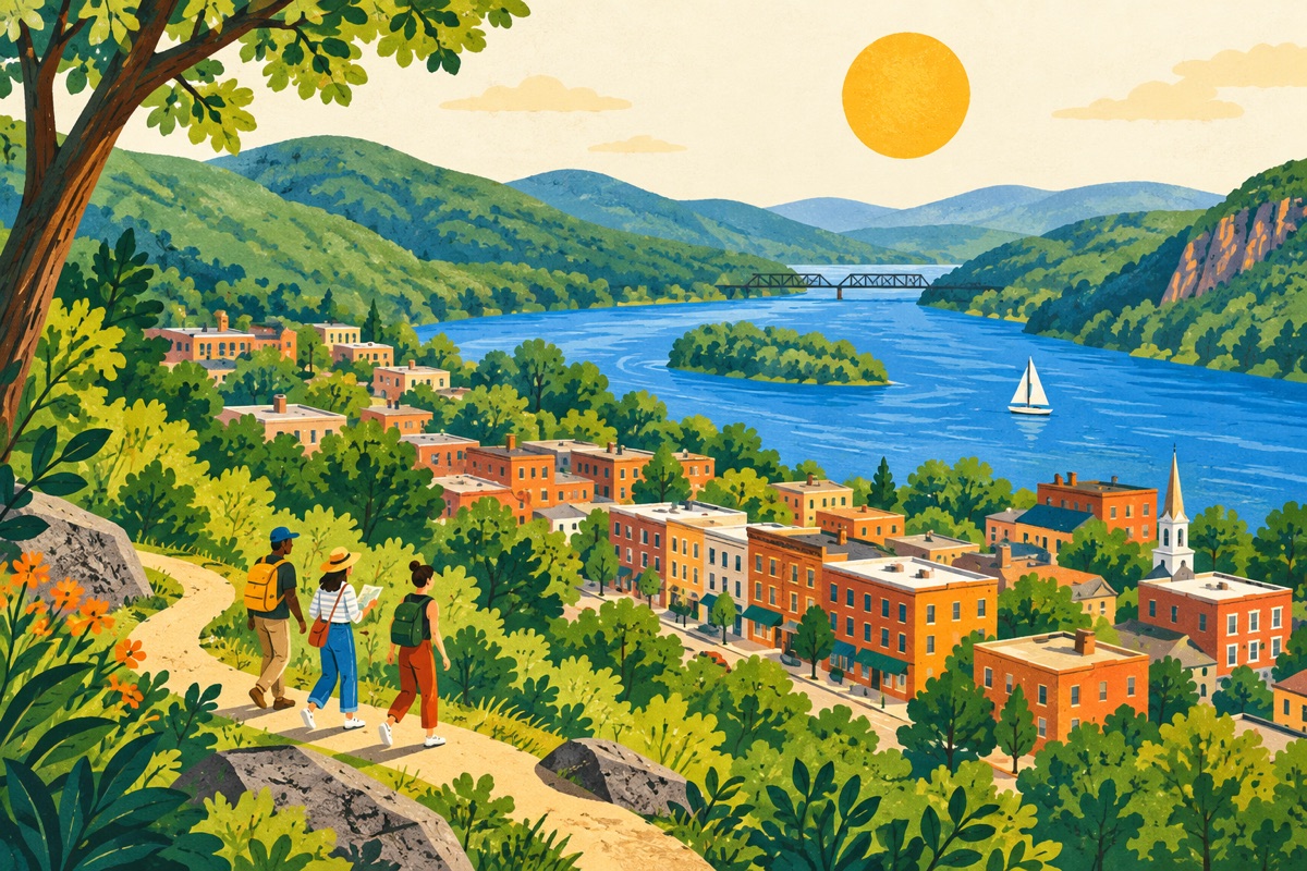 An illustrated landscape with three explorers, a riverside town, and green hills