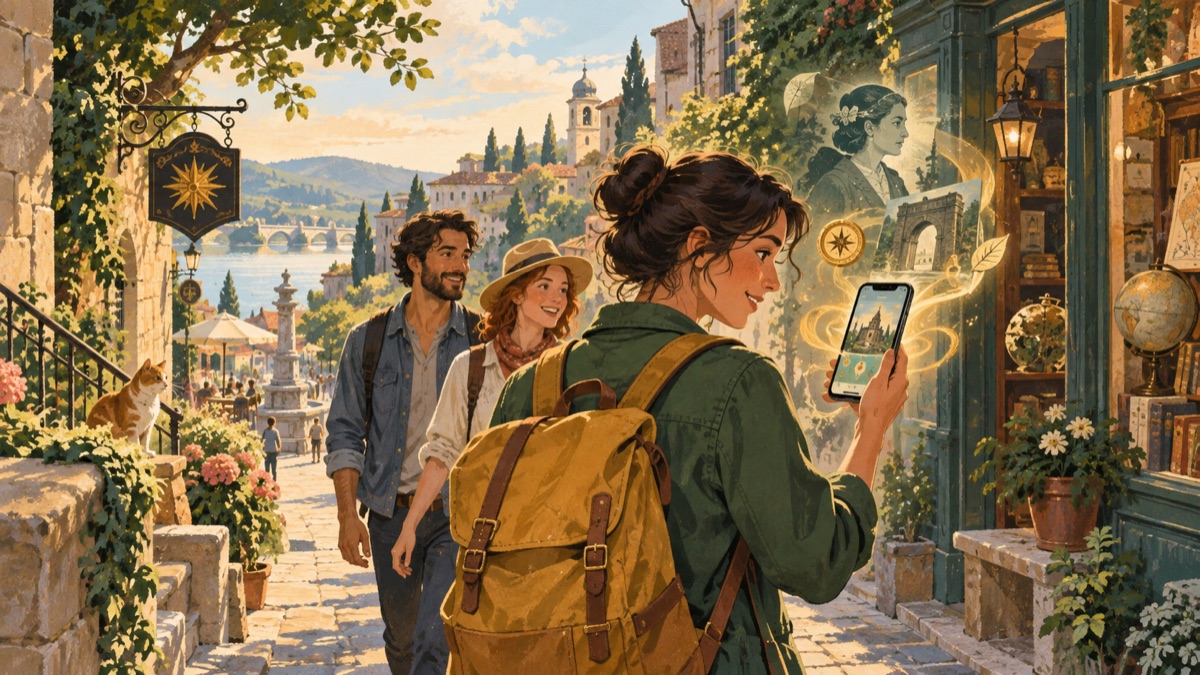 Friends exploring a town as a location-based story unfolds on a phone